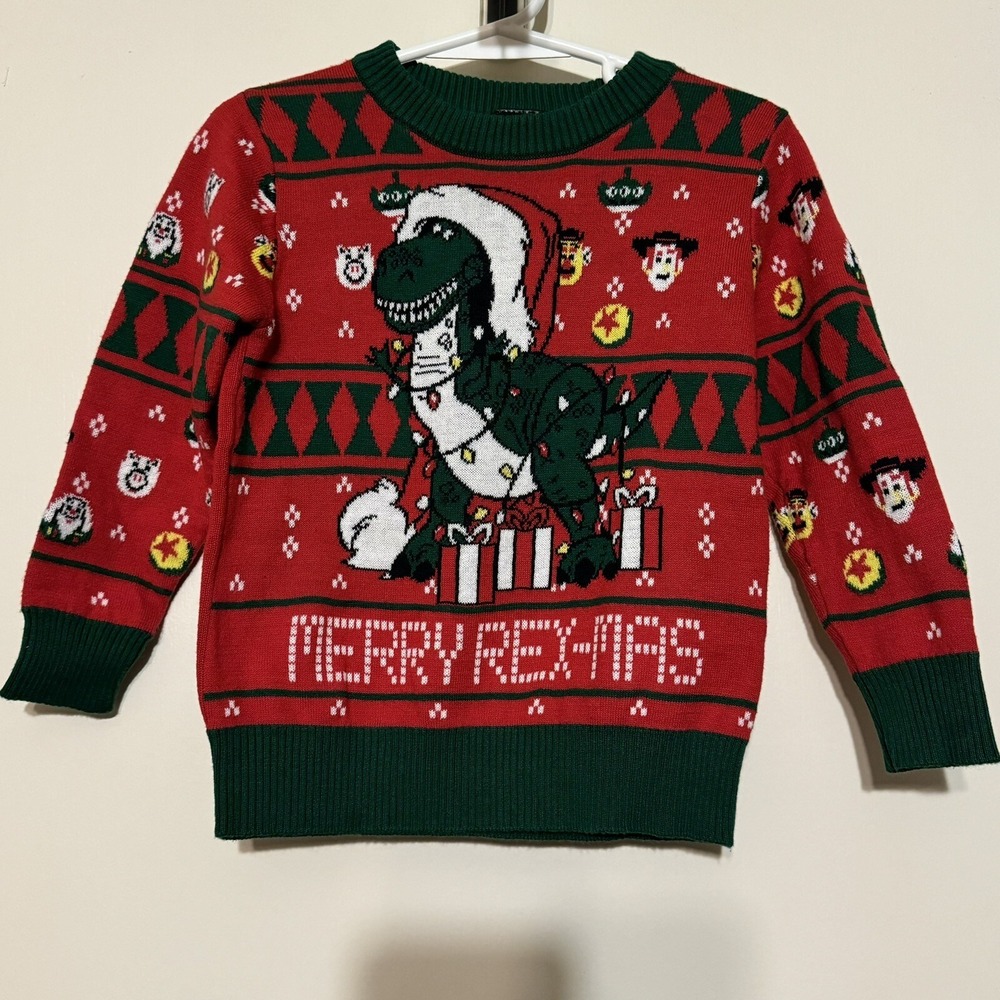 Disney Toy Story Boys Merry Rexmas Christmas Ugly Sweater Rex Red Green 2T